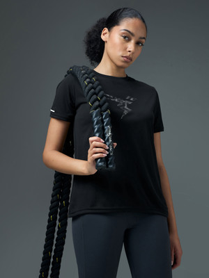 TECHNOSPORT Printed Women Round Neck Black T-Shirt