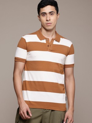 Roadster Striped Men Polo Neck White T-Shirt