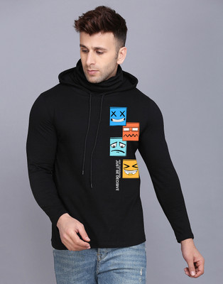 TEEFOX Printed Men Hooded Neck Black T-Shirt