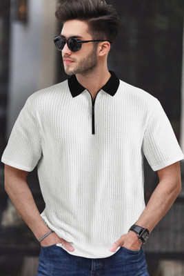 TRIPR Self Design Men Polo Neck White, Black T-Shirt