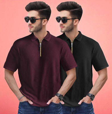 Emporium Self Design Men Zip Neck Maroon, Black T-Shirt