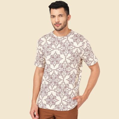7 Alt by Pantaloons Printed Men Round Neck White, Brown T-Shirt