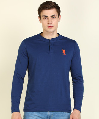 U.S. POLO ASSN. Solid Men Henley Neck Blue T-Shirt