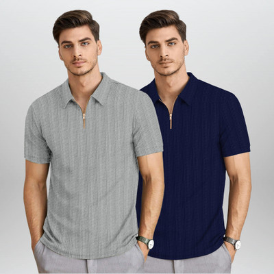 BROWEARS Self Design Men Zip Neck Blue, Grey T-Shirt