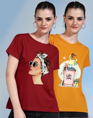 METRONAUT Printed Women Round Neck Red, Yellow T-Shirt