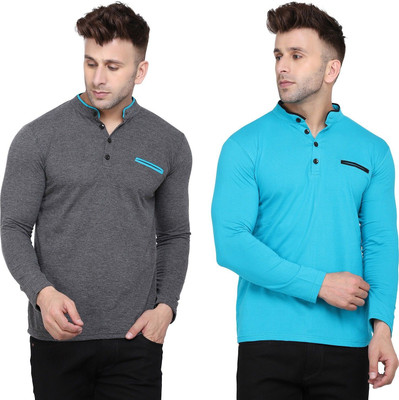Lawful Casual Solid Men Mandarin Collar Light Blue, Grey T-Shirt