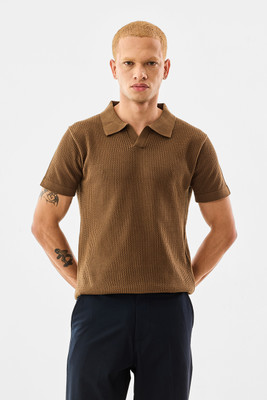 Snitch Self Design Men Polo Neck Brown T-Shirt