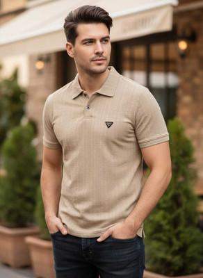 BANSII Solid Men Polo Neck Beige T-Shirt