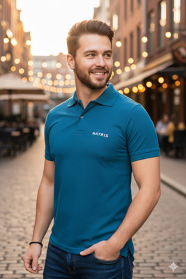 NATRIS Solid Men Polo Neck Blue T-Shirt