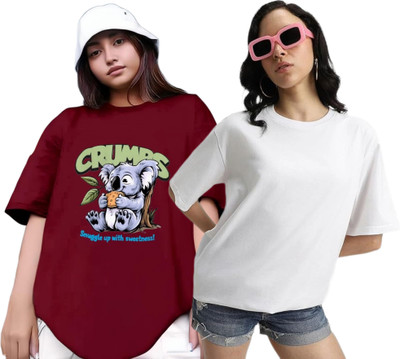 Xsware Printed, Solid Women Round Neck Maroon, White T-Shirt