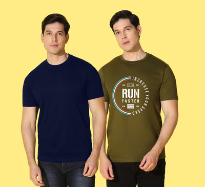 WOOSTRO Printed, Solid Men Round Neck Green, Dark Blue T-Shirt