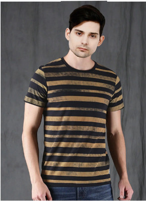 UD FABRIC Striped Men Round Neck Gold T-Shirt