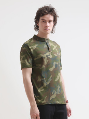 Estilocus Colorblock Men Henley Neck Green T-Shirt