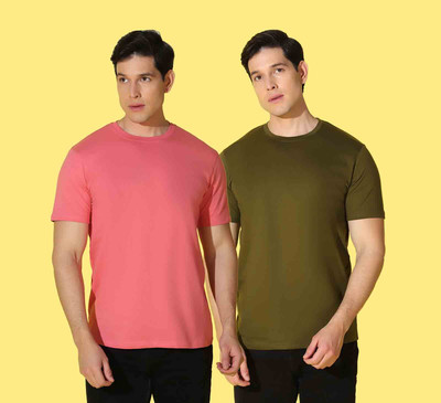 WOOSTRO Solid, Printed Men Round Neck Pink, Green T-Shirt