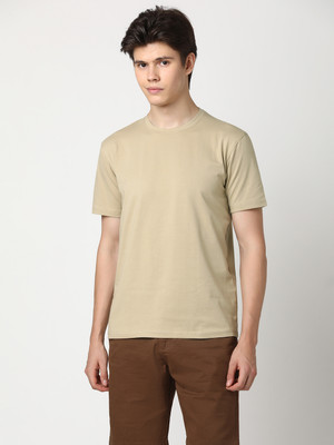StitchHub Solid Men Round Neck Beige T-Shirt