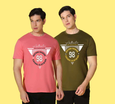 WOOSTRO Printed Men Round Neck Pink, Green T-Shirt