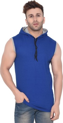 GEUM Solid Men Hooded Neck Blue T-Shirt