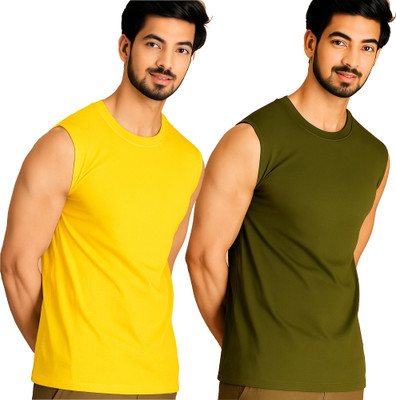 Moordale Solid Men Round Neck Yellow, Dark Green T-Shirt