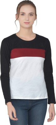 GEUM Striped Women Round Neck White, Maroon, Black T-Shirt