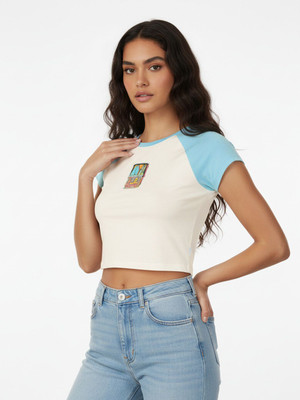 Glitchez Printed Women Round Neck White, Blue T-Shirt