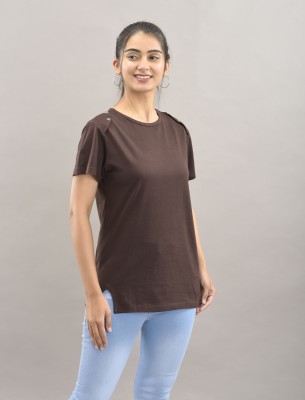 PINK GRAPES Solid Women Round Neck Brown T-Shirt