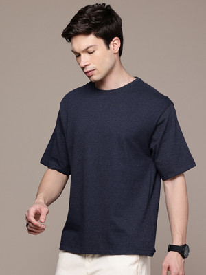 METRONAUT Solid Men Round Neck Navy Blue T-Shirt