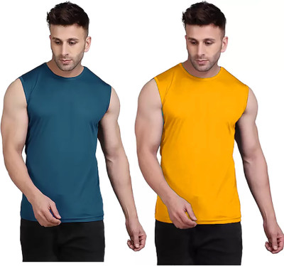 MR THINK Solid Men Round Neck Blue, Yellow T-Shirt