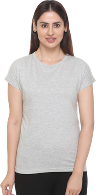 HouseOfCommon Solid Women Round Neck Grey T-Shirt