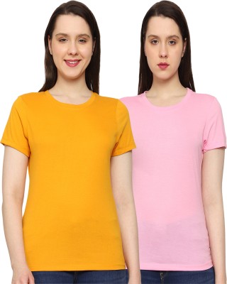 AODACH Solid Women Round Neck Yellow, Pink T-Shirt