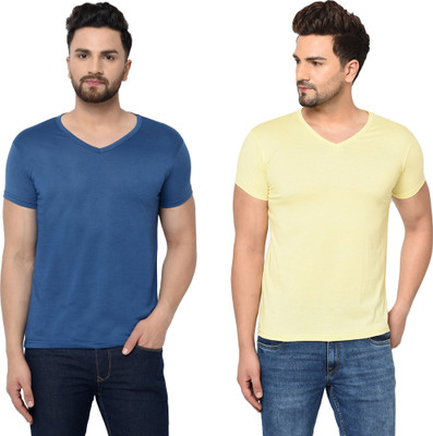 Tresna Fab Solid Men V Neck Blue, Yellow T-Shirt