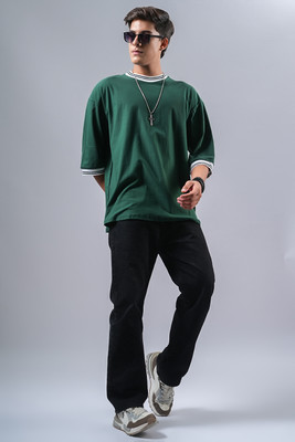 HIKAA Solid, Striped Men Round Neck Dark Green T-Shirt