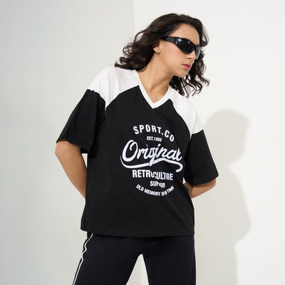 Ajile By Pantaloons Printed Women V Neck Black T-Shirt
