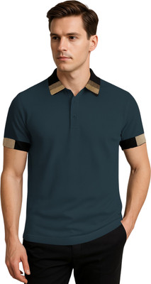 hoshiii Solid, Striped Men Polo Neck Black T-Shirt