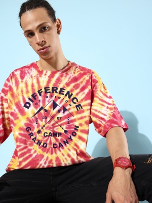 DIFFERENCE OF OPINION Typography, Tie & Dye Men Round Neck Red, Yellow, White T-Shirt