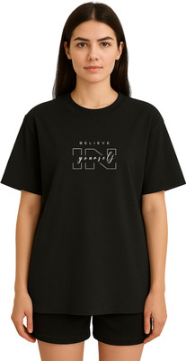 Buddy Collection Typography Women Round Neck Black T-Shirt