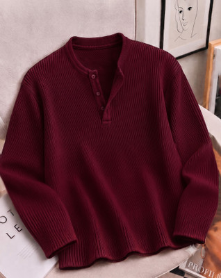 AUSK Self Design Men Henley Neck Purple T-Shirt
