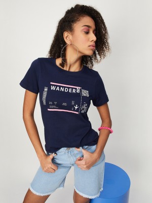 MAX Typography Women Round Neck Blue T-Shirt