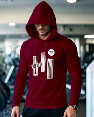 AOOSH Printed Men Hooded Neck Maroon T-Shirt