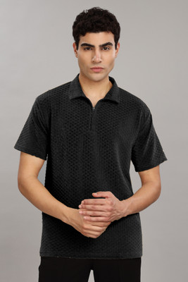 FASHLOOK Solid Men Polo Neck Black T-Shirt