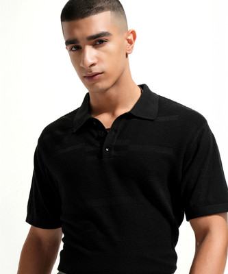 HIGHLANDER Self Design Men Polo Neck Black T-Shirt
