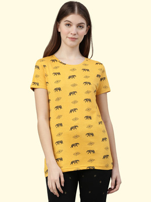 Kryptic Printed Women Round Neck Yellow T-Shirt