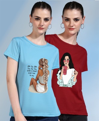 CHOZI Printed Women Round Neck Light Blue, Red T-Shirt