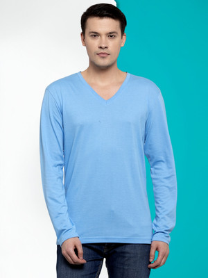 FRISKERS Solid Men V Neck Light Blue T-Shirt