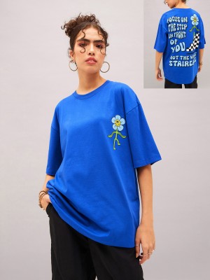 SASSAFRAS Printed Women Round Neck Blue T-Shirt