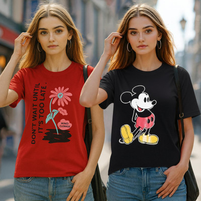 Fabflee Printed Women Round Neck Multicolor T-Shirt
