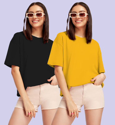 Jack Paris Solid Women Round Neck Black, Yellow T-Shirt