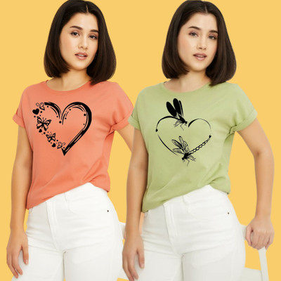 Kintu Parantu Printed Women Round Neck Pink, Green T-Shirt