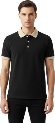 Rikaro Self Design Men Polo Neck Black T-Shirt