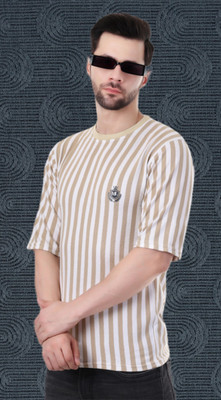 Marc Laurent Striped Men Round Neck Yellow T-Shirt