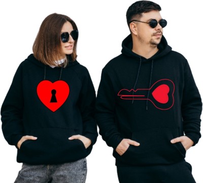 Story Of Style Printed Couple Hooded Neck Black T-Shirt